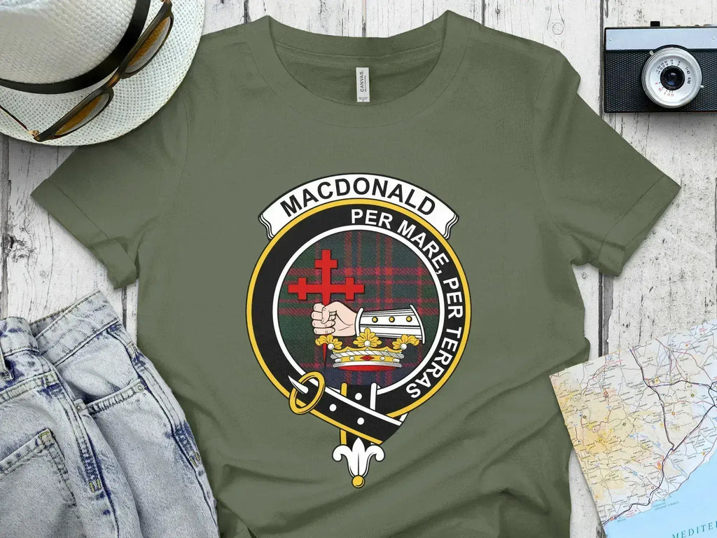 Choose-any-clan Scottish tee, crest on tartan background, unisex fit