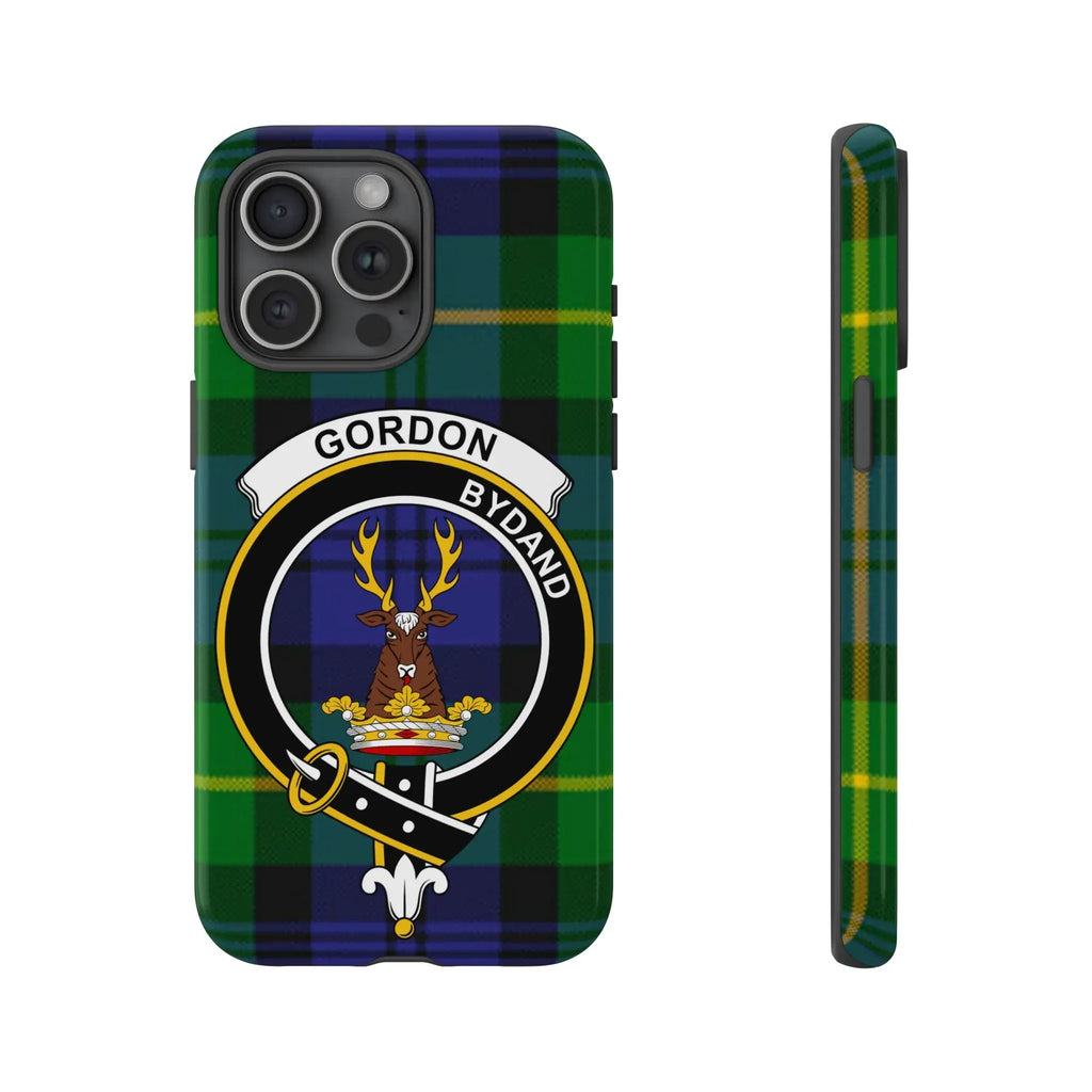 Choose-any-clan Scottish phone case, crest on tartan, shown at an angle