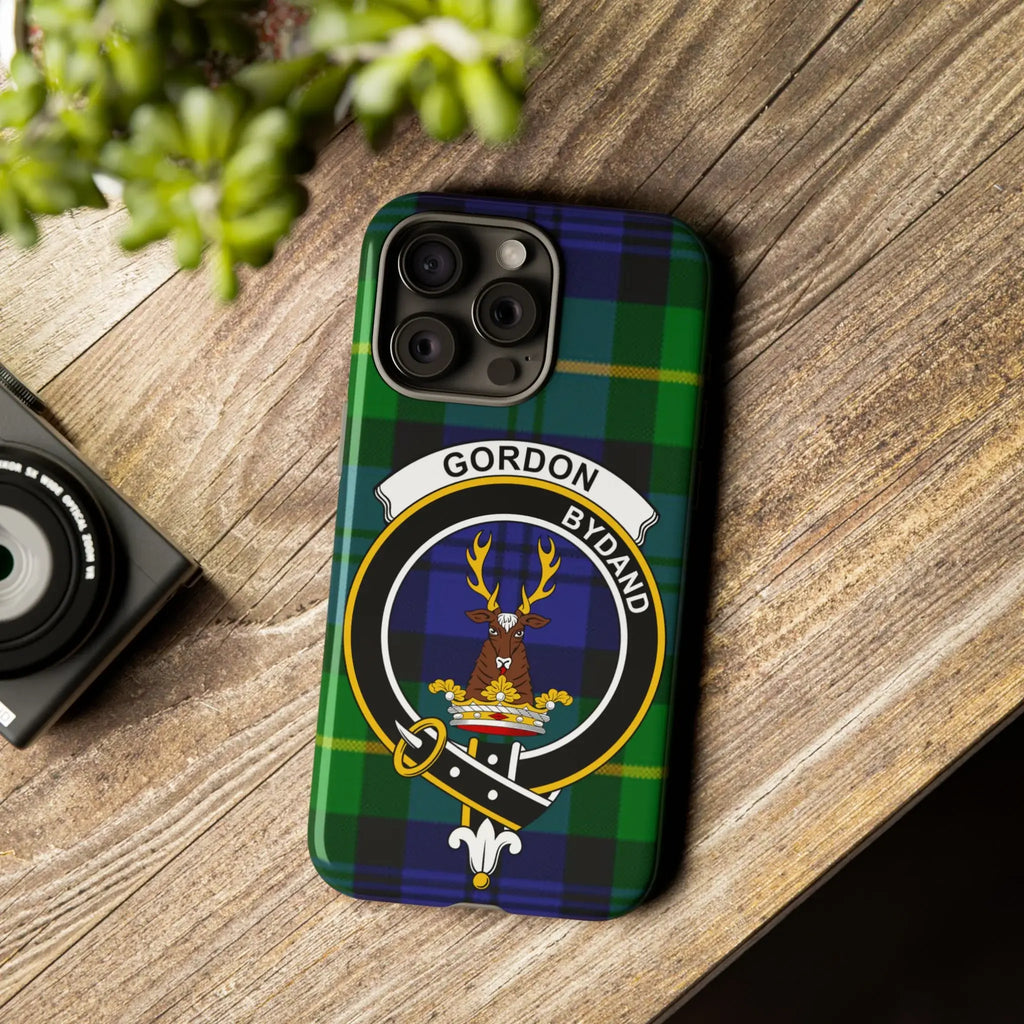 Scottish clan crest tough phone case shown front-on, tartan background, made to order