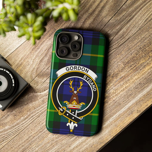 Scottish clan crest tough phone case shown front-on, tartan background, made to order