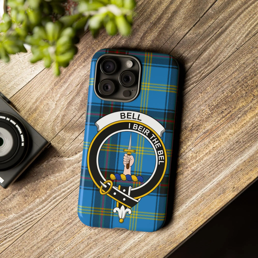 Close-up of a Scottish clan crest on a dual-layer tartan-background phone case