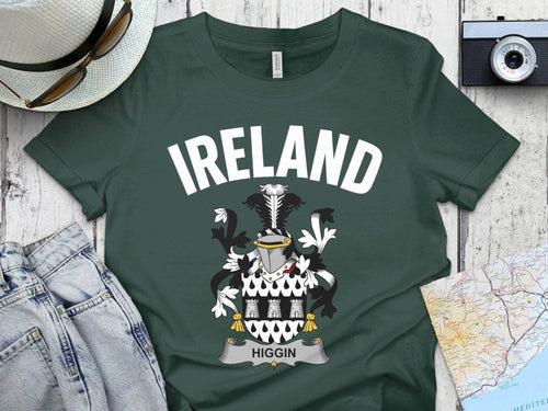 Personalized Irish family crest t-shirt with Irish national tartan background, custom surname