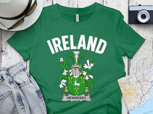 Irish family crest unisex tee shown front-on, tartan background, made to order