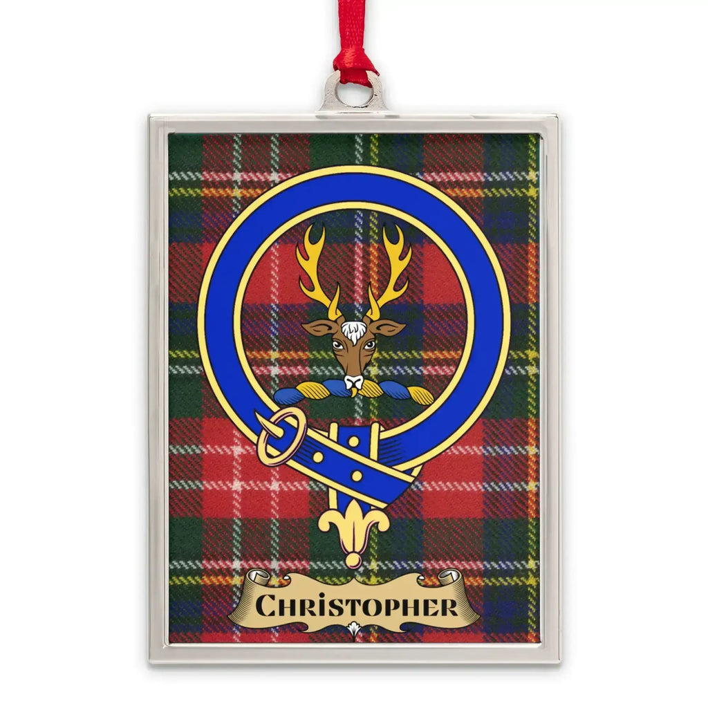 Christopher tartan-background crest ornament shown as a Scottish heritage keepsake gift
