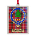 Chrystall tartan-background crest ornament shown as a Scottish heritage keepsake gift