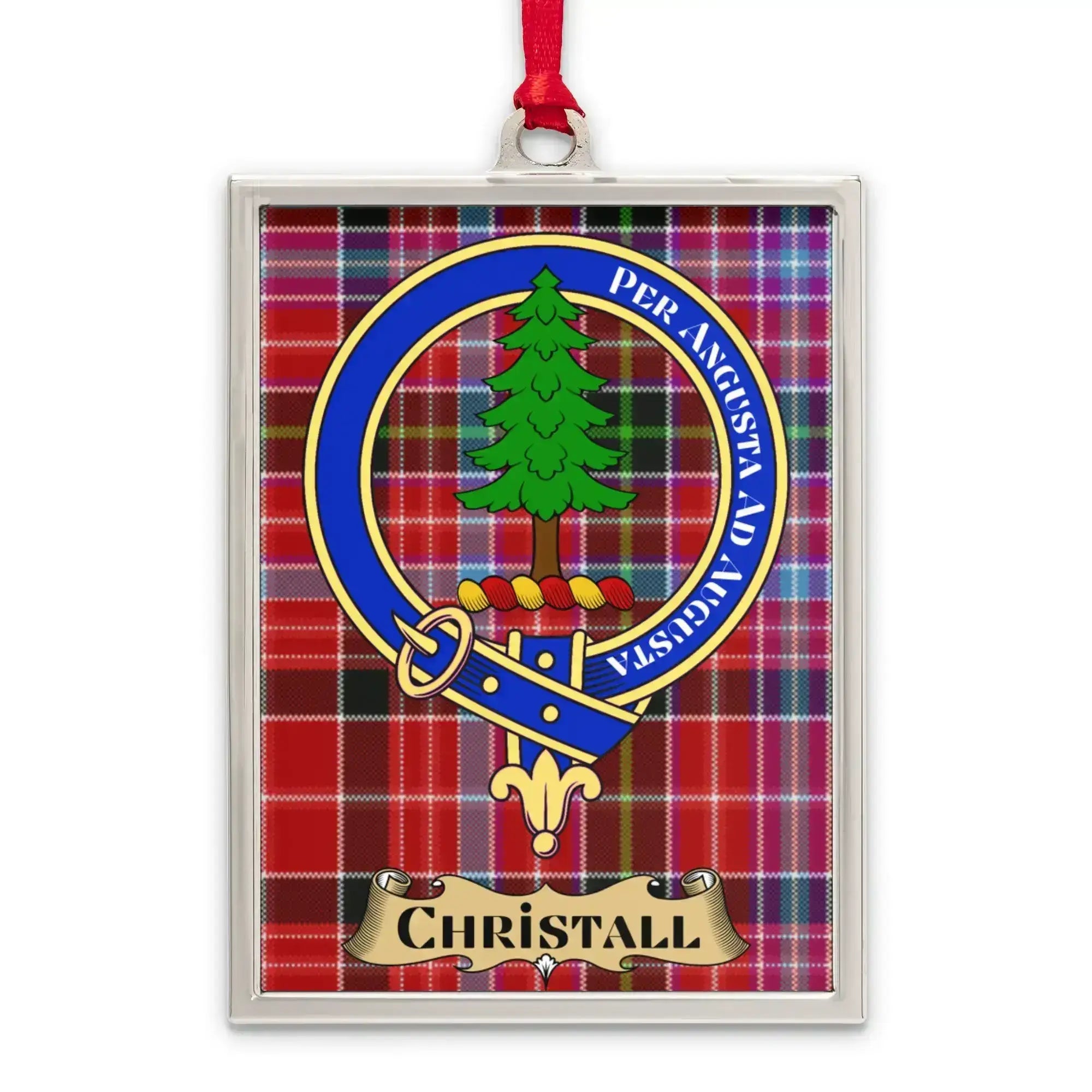 Chrystall tartan-background crest ornament shown as a Scottish heritage keepsake gift