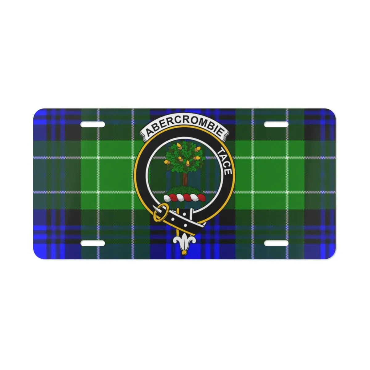 Abercrombie tace plaid car license plate — clan crest and tartan design