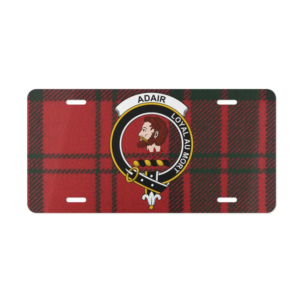 Clan Adair Loyal au Mort red tartan crest license plate — full-colour Scottish heritage design