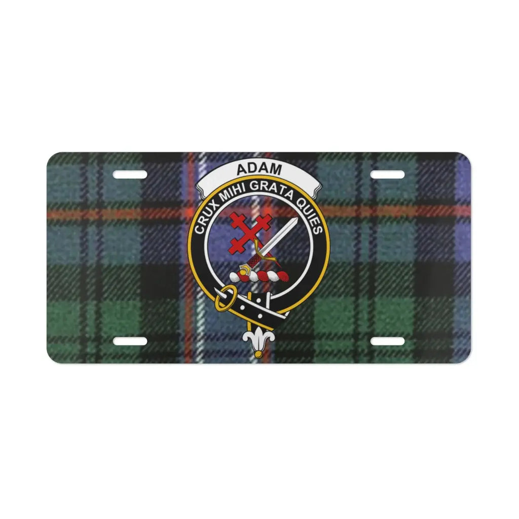 Adam family crest plaid tartan background license plate — clan crest design