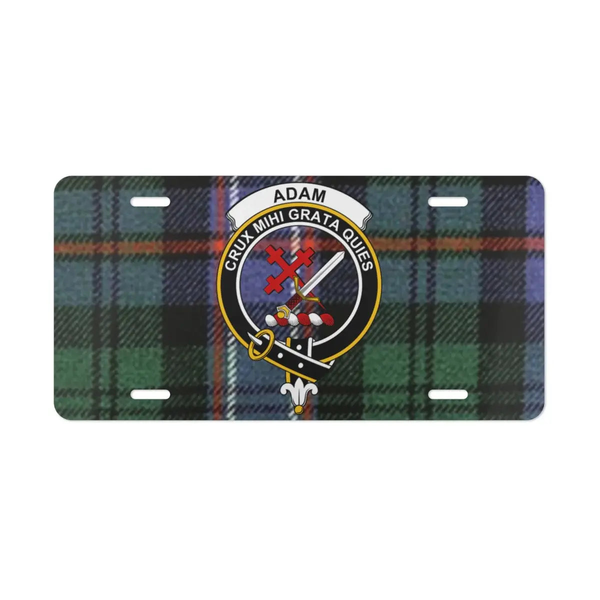 Adam family crest plaid tartan background license plate — clan crest design