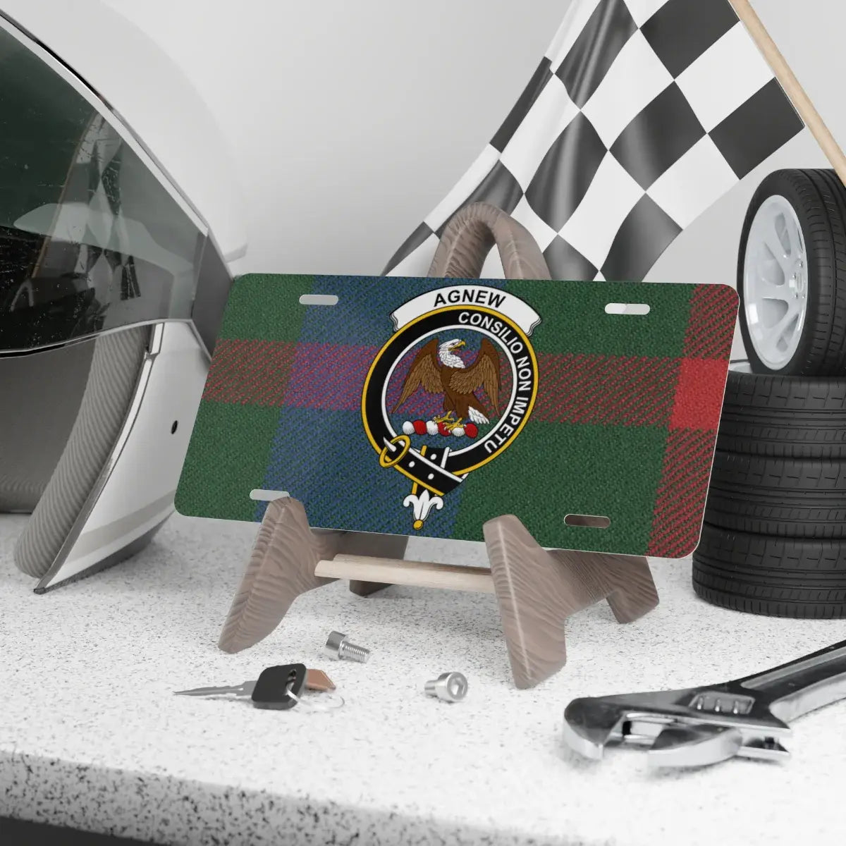 Clan Agnew consilio non impetu coloured tartan crest license plate — 100% aluminium, 12x6 inch