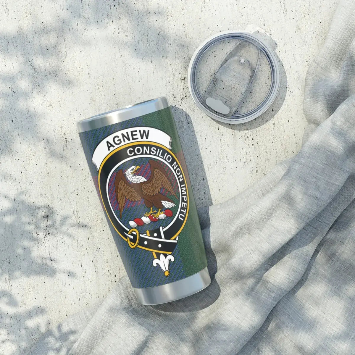 Clan Agnew consilio non impetu insulated tumbler — full view, stainless steel
