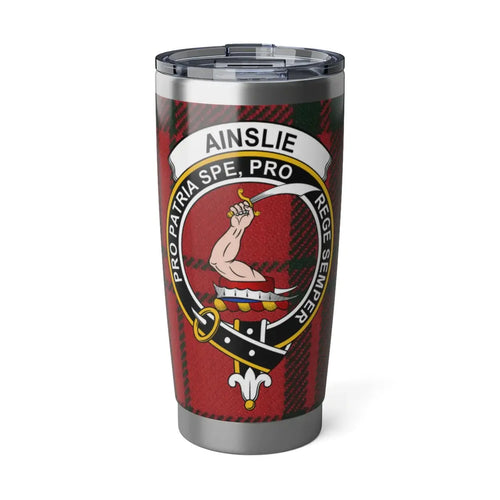 Ainslie crest 20 oz stainless steel tumbler, front view