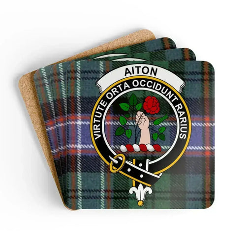 Set of four Aiton crest cork coasters with tartan-pattern artwork