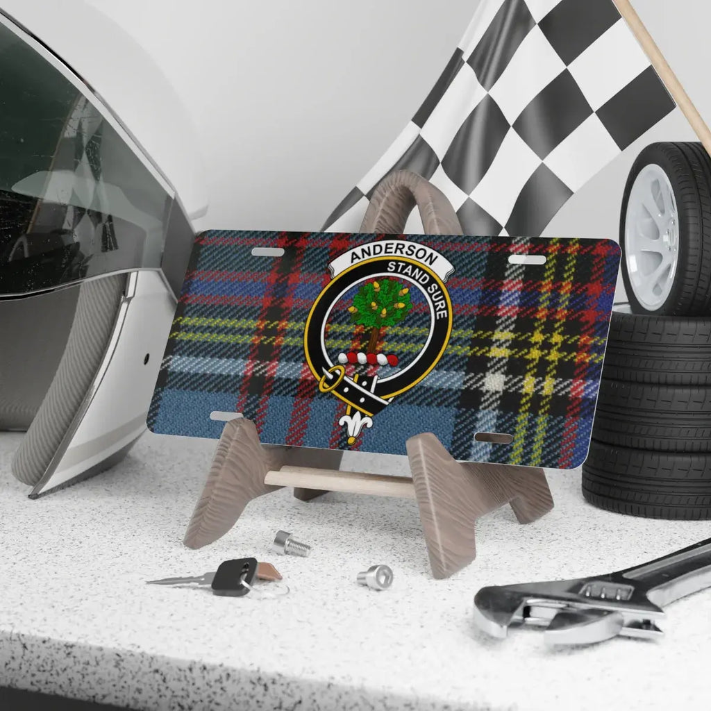 Clan Anderson novelty license plate, crest and Stand Sure motto on a tartan background, 12x6 aluminium