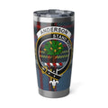 Clan Anderson 20oz insulated tumbler with crest and Stand Sure motto on a tartan background