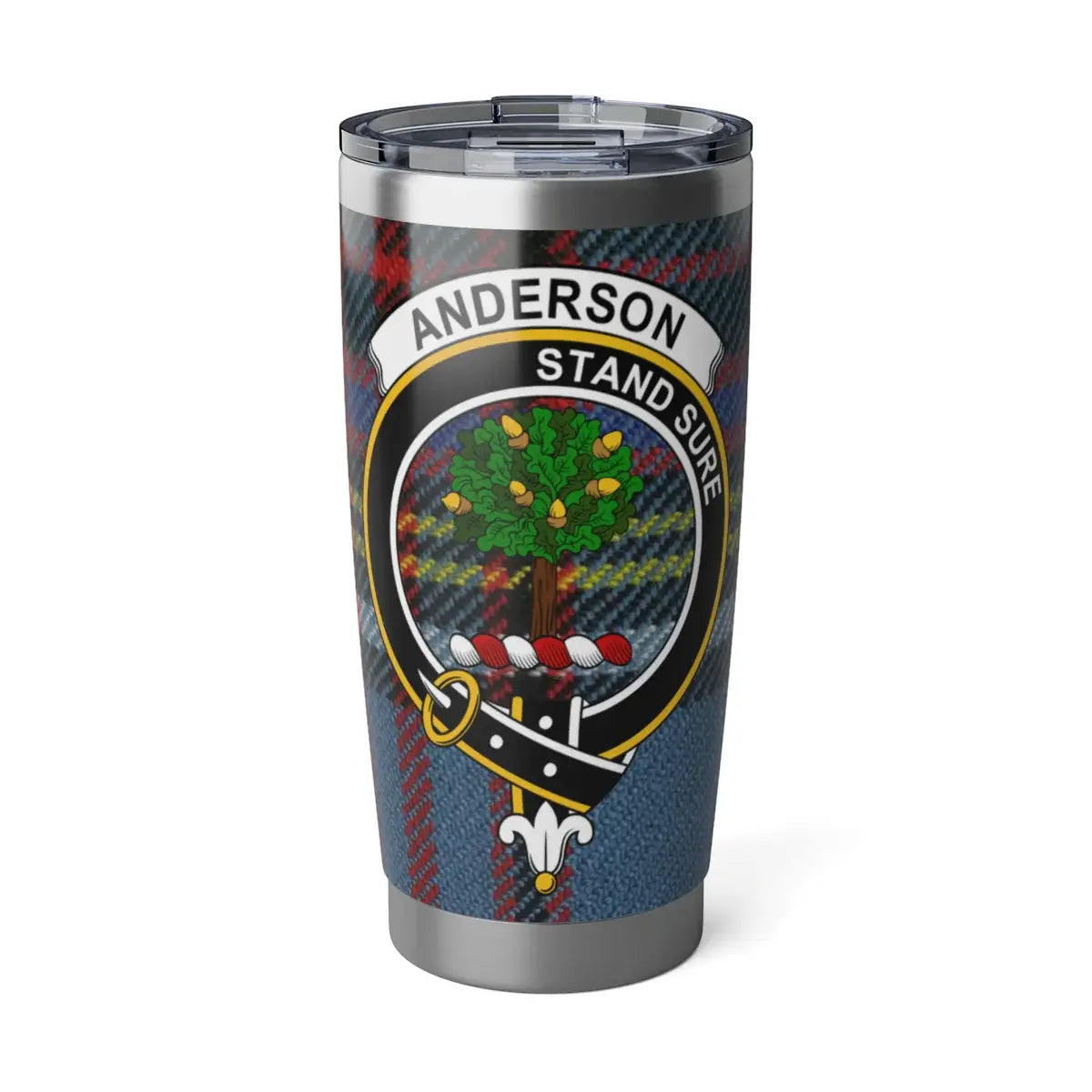Clan Anderson 20oz insulated tumbler with crest and Stand Sure motto on a tartan background