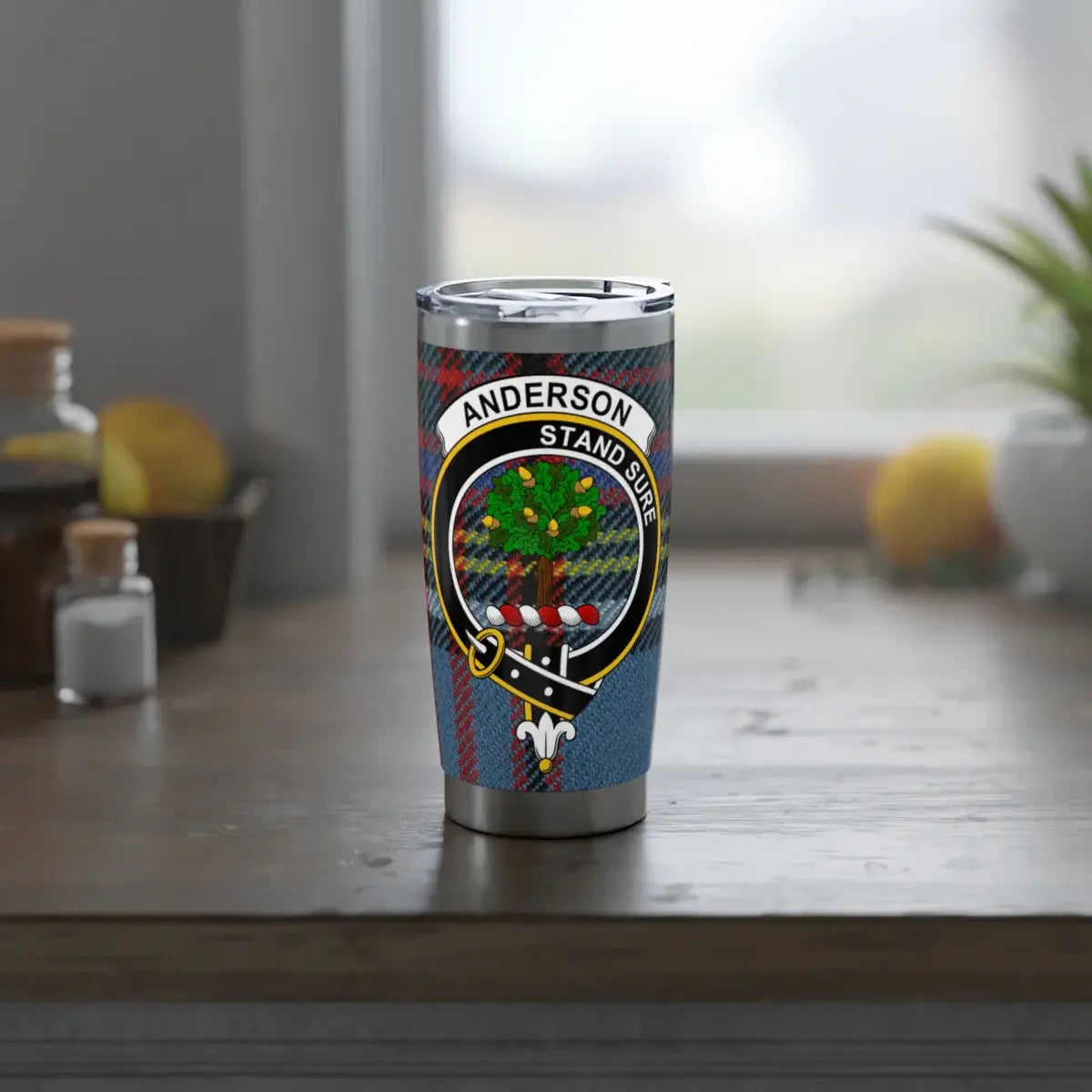 Anderson clan tumbler with lid, stainless steel travel cup in silver