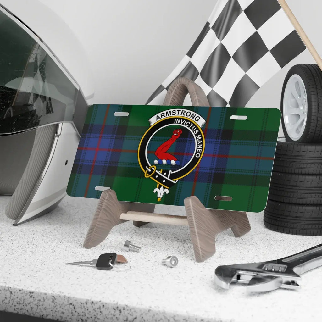Clan Armstrong tartan crest novelty license plate — Invictus Maneo design, 12x6 aluminium
