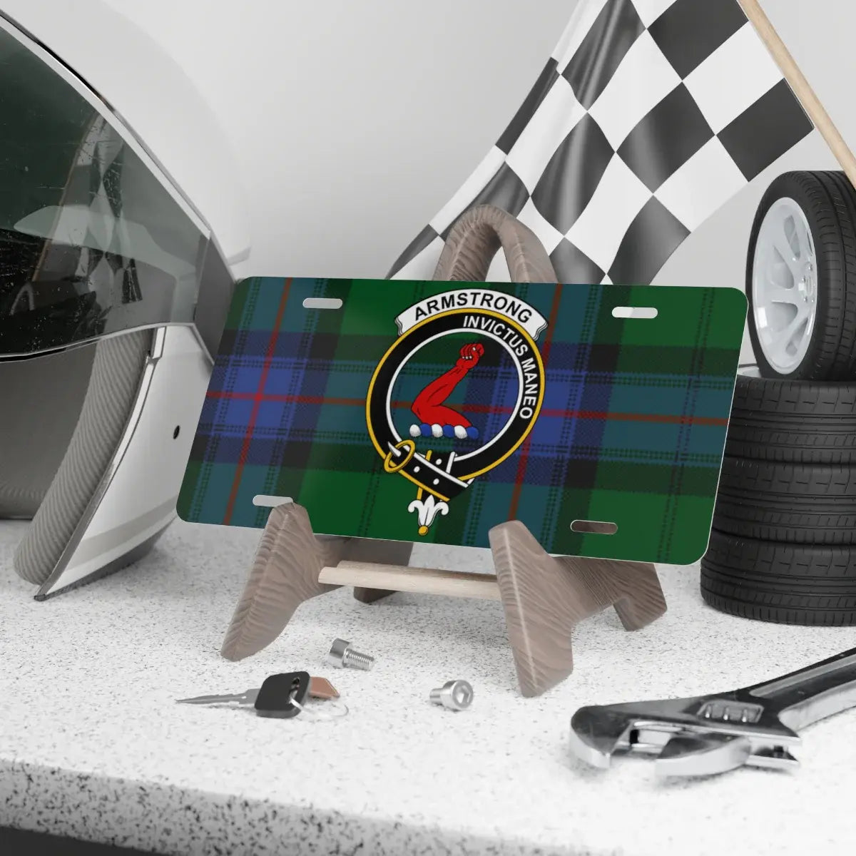 Clan Armstrong tartan crest novelty license plate — Invictus Maneo design, 12x6 aluminium