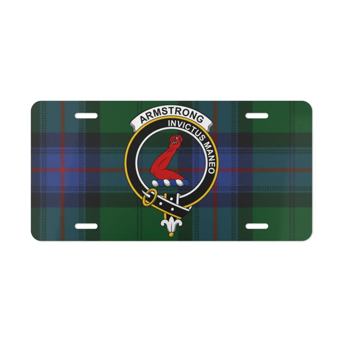 Armstrong Invictus Maneo tartan license plate — green and blue plaid clan crest design, 12x6 inches