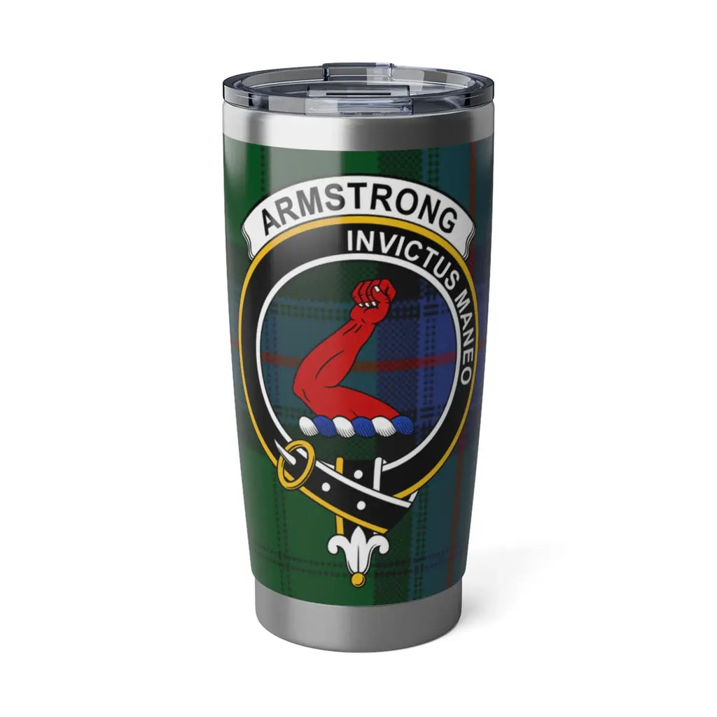 Clan Armstrong tartan crest 20oz insulated tumbler — Invictus Maneo design, silver stainless steel