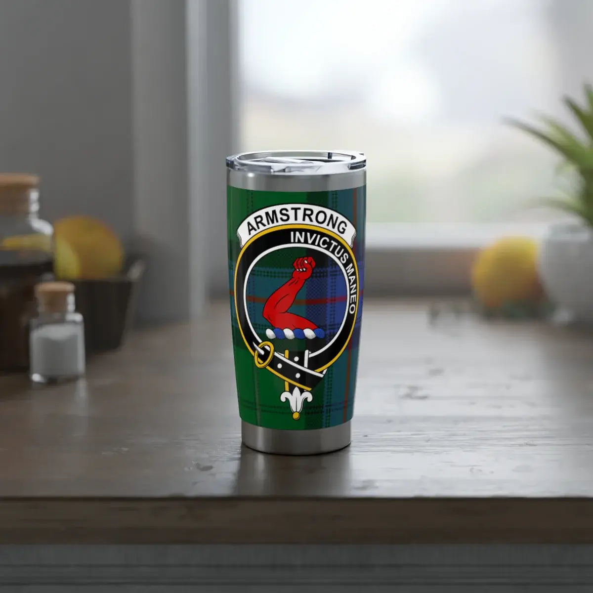 Armstrong Invictus Maneo clan crest tumbler with lid — tartan wrap print, 20oz insulated travel cup