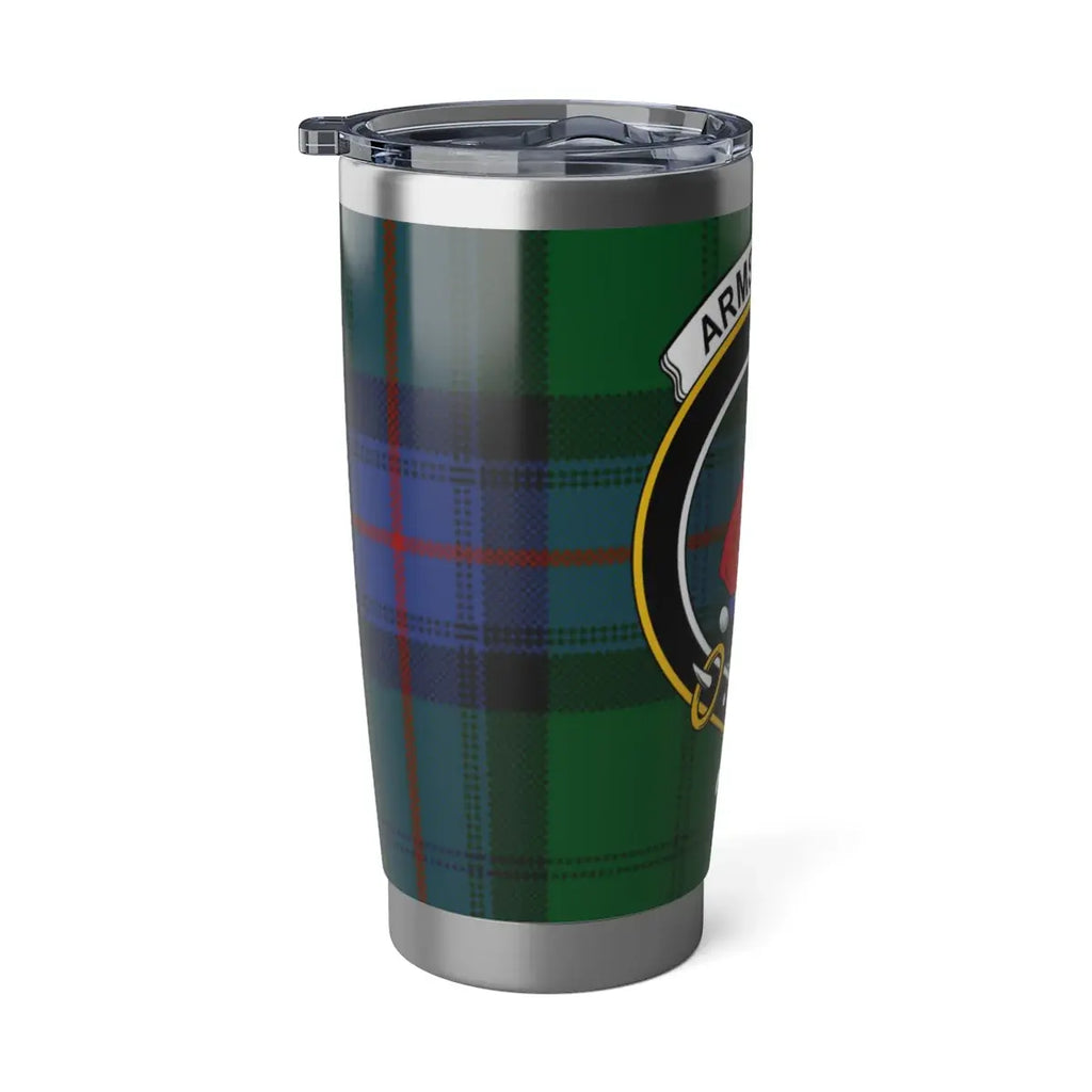 Armstrong clan tartan travel tumbler in car holder — 20oz insulated stainless, Scottish heritage