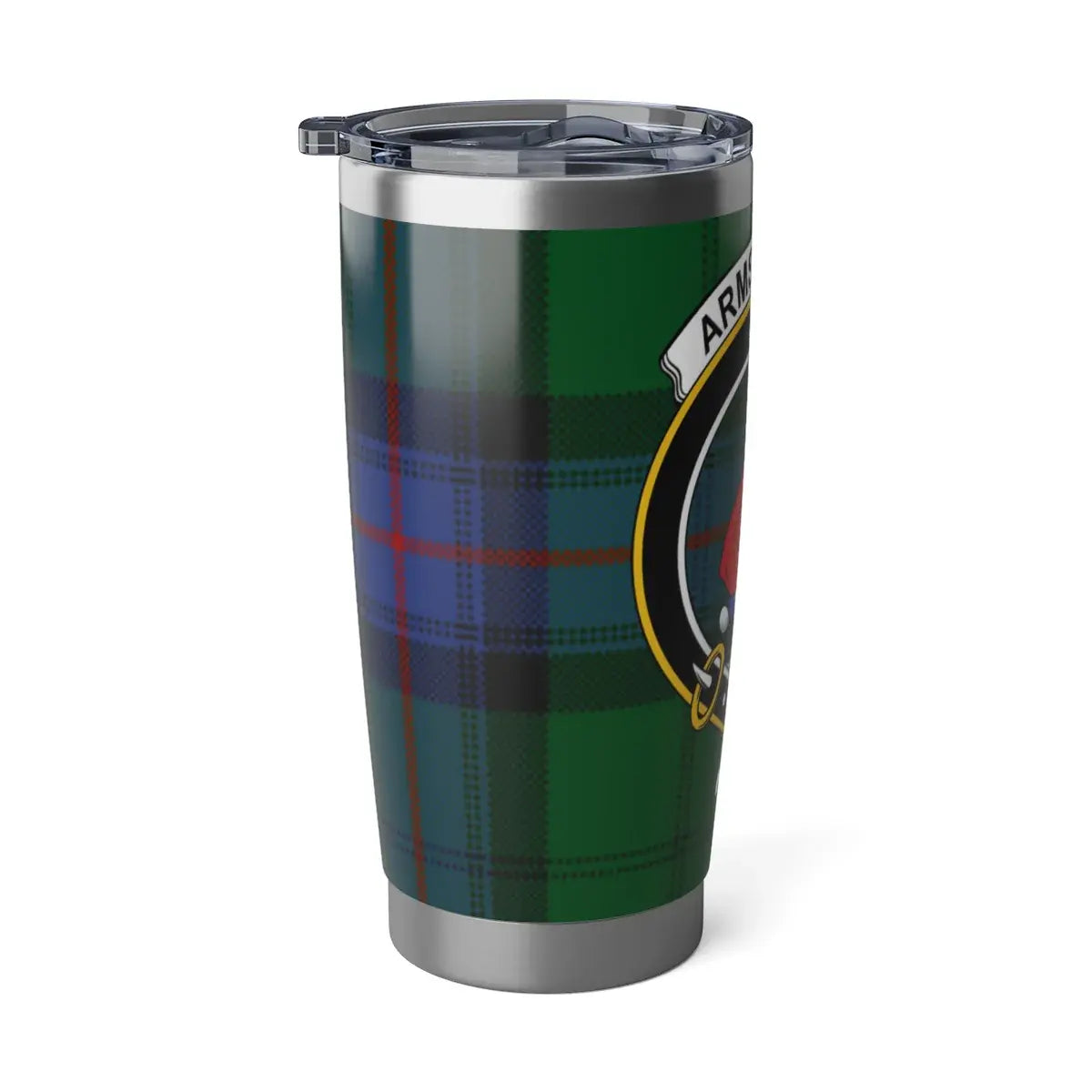 Armstrong clan tartan travel tumbler in car holder — 20oz insulated stainless, Scottish heritage