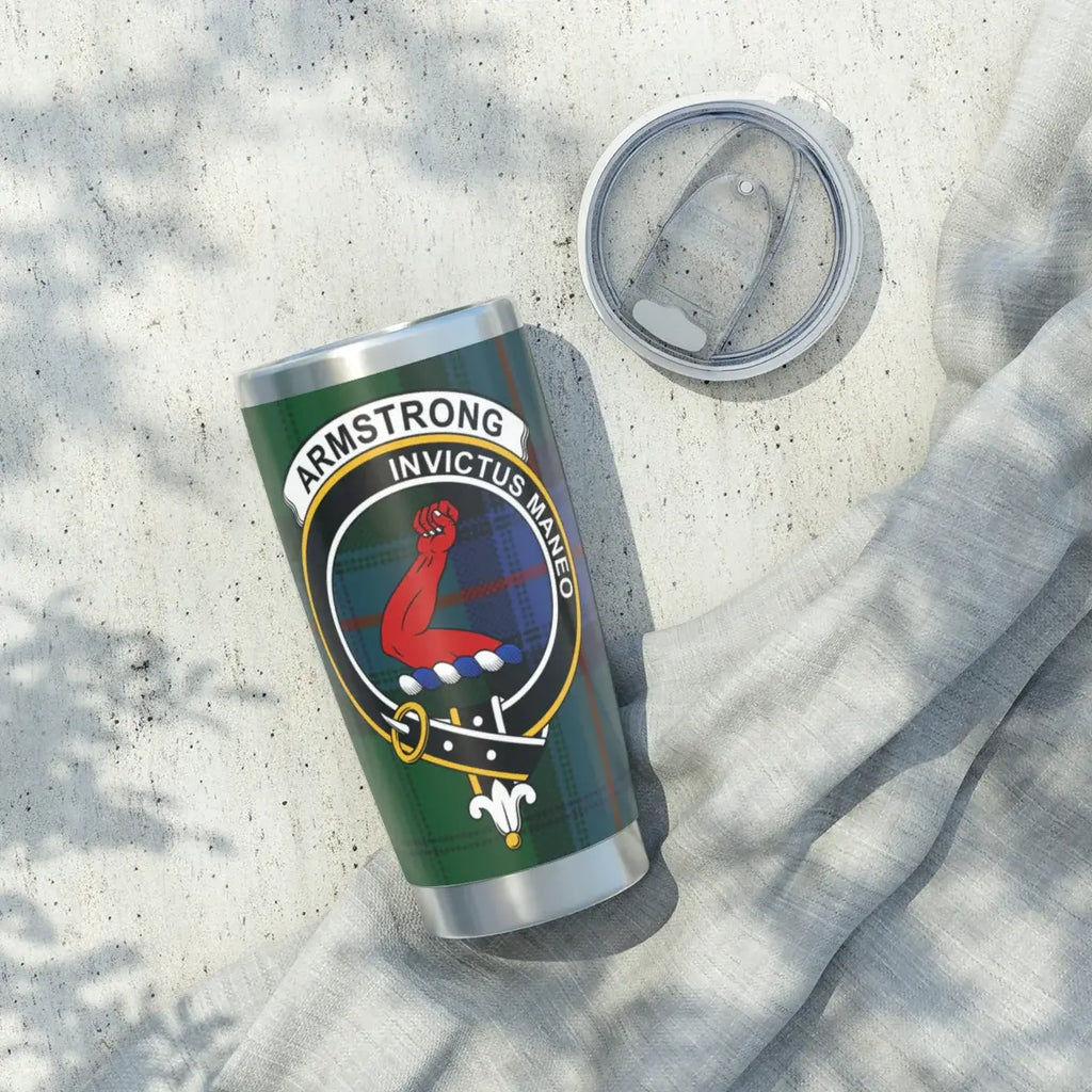 Armstrong Invictus Maneo tartan tumbler lifestyle shot — clan crest wrap on 20oz silver tumbler