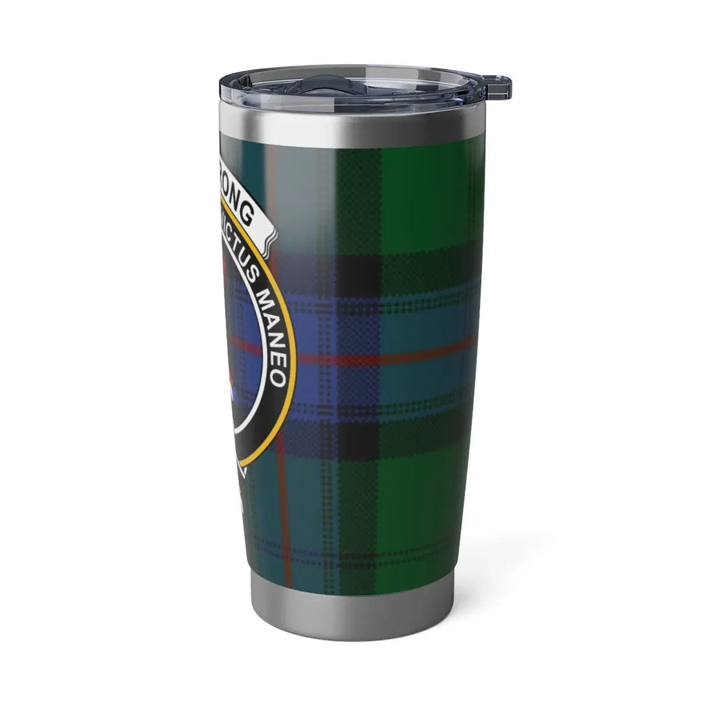 Armstrong tartan crest tumbler closeup — green and blue plaid design on 20oz stainless steel cup