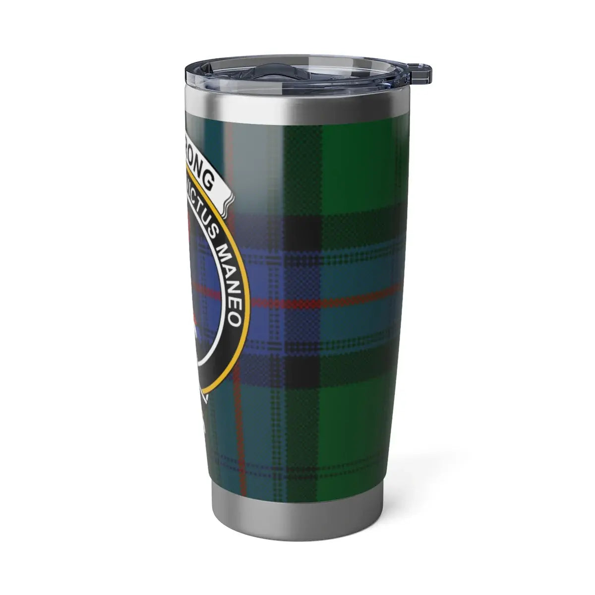 Armstrong tartan crest tumbler closeup — green and blue plaid design on 20oz stainless steel cup