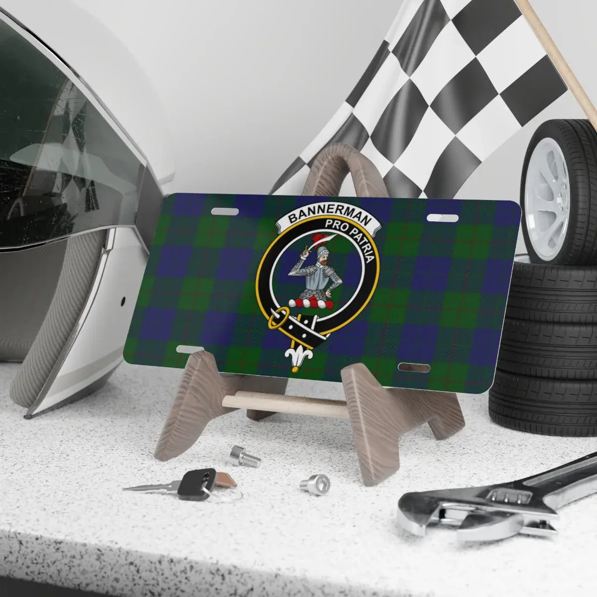 Clan Bannerman pro patria tartan crest license plate — 100% aluminium, 12x6 inch