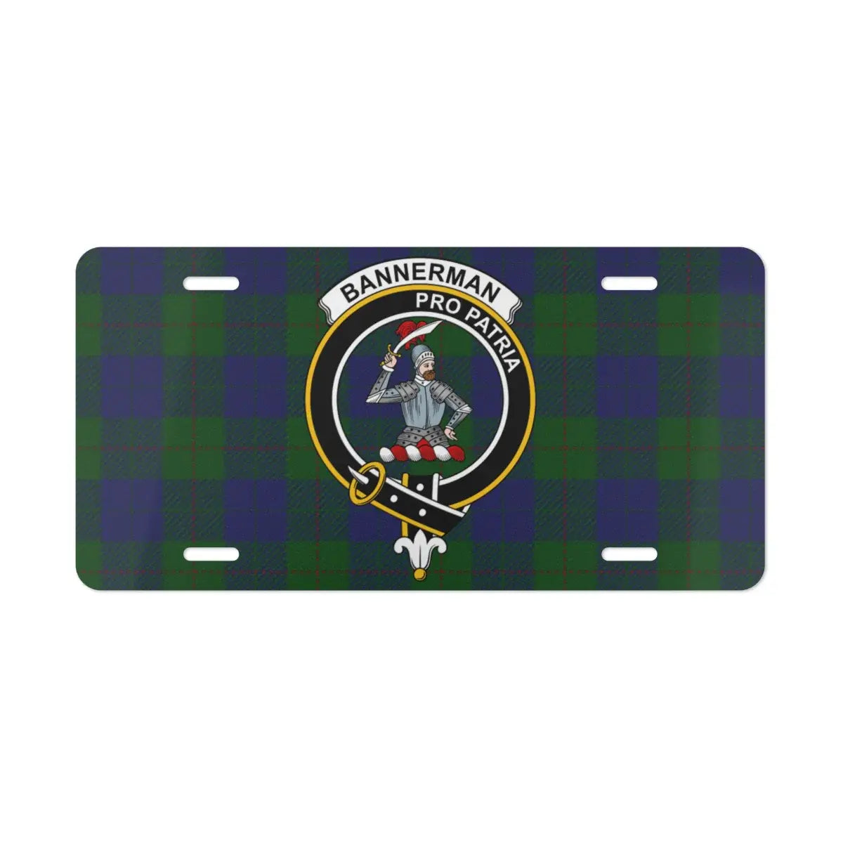Bannerman pro patria novelty license plate — clan crest and tartan design