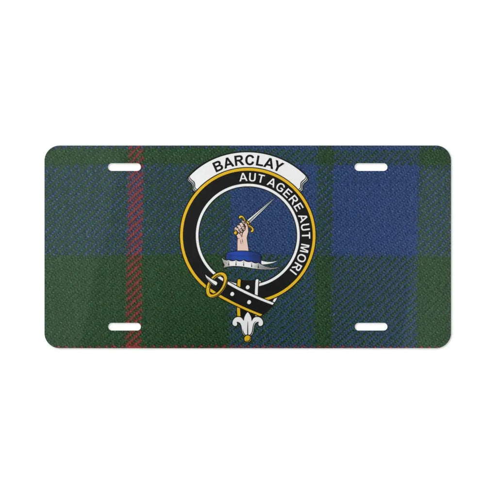 Barclay Aut Agere Aut Mori novelty license plate — clan crest and tartan on 12x6 aluminium plate
