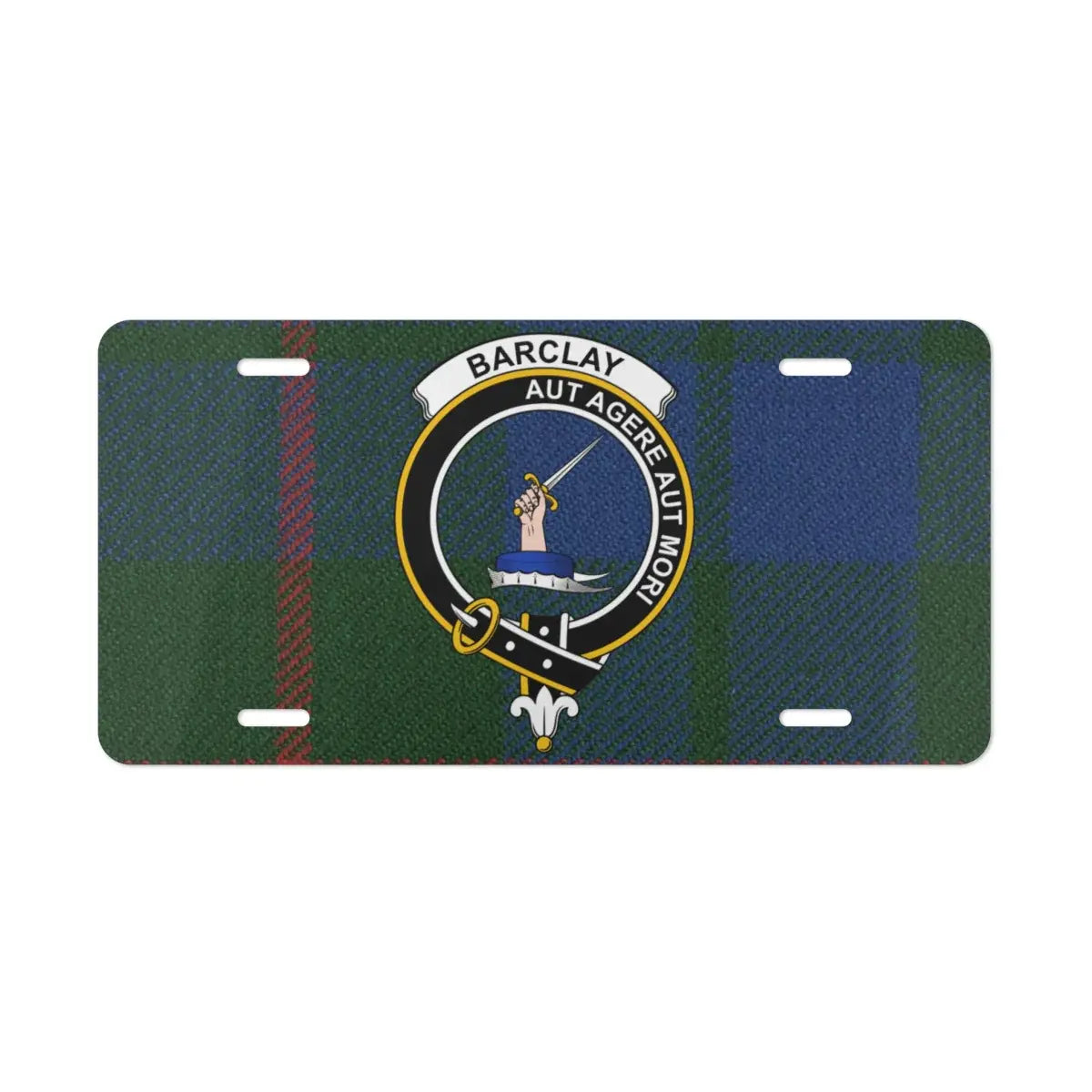 Barclay Aut Agere Aut Mori novelty license plate — clan crest and tartan on 12x6 aluminium plate