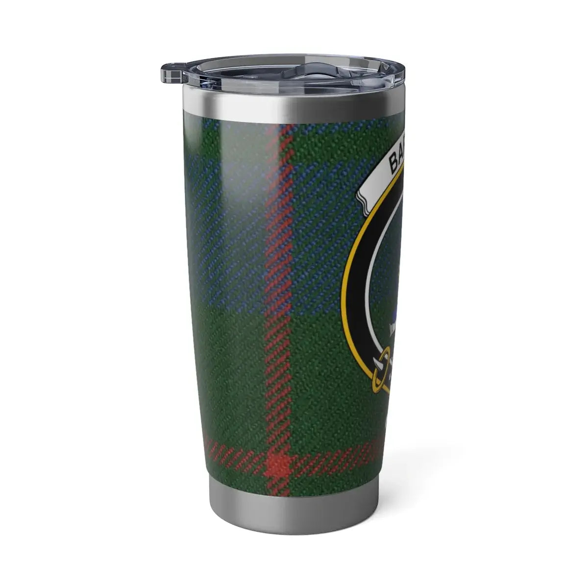 Barclay clan tartan tumbler in car cup holder — 20oz stainless steel, Scottish heritage design
