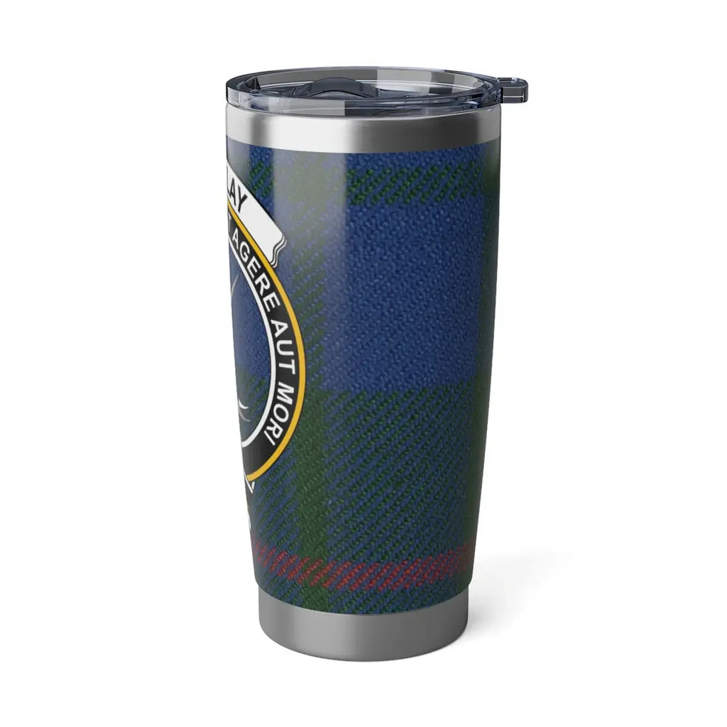 Barclay tartan clan crest tumbler closeup — full-colour wrap print on 20oz stainless steel