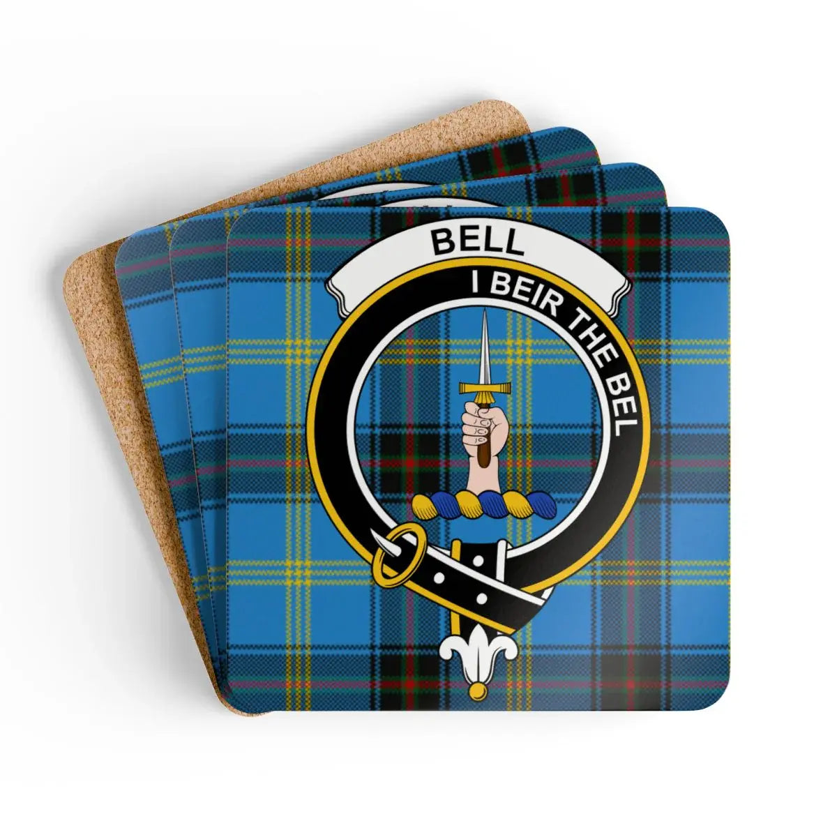 Clan Bell crest tartan coaster set — four corkwood square coasters with I Beir the Bel motto and clan crest