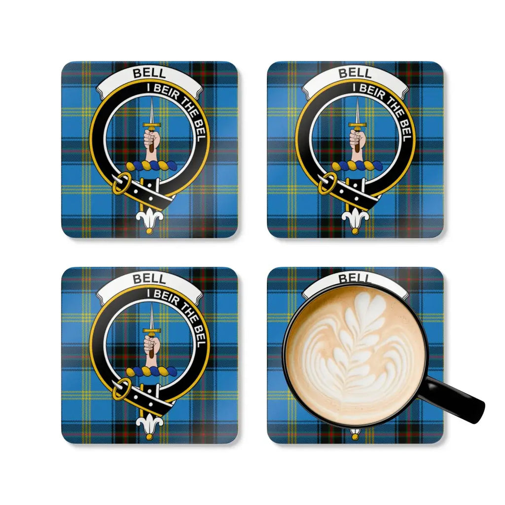 Bell I Beir the Bel tartan coaster in use under glass — glossy printed surface, natural corkwood base