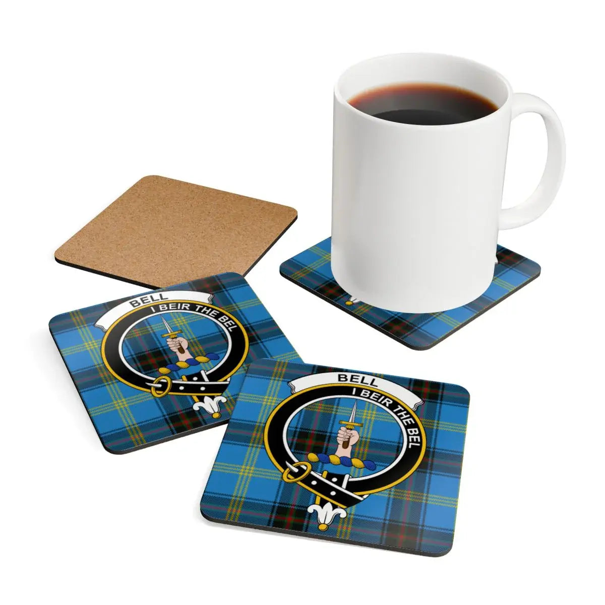 Bell clan tartan crest coasters on table — set of four, 3.75 inch square, Scottish heritage design