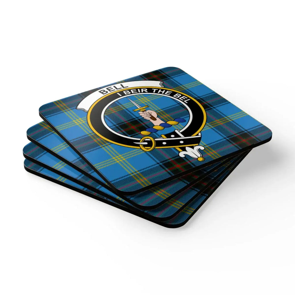 Bell I Beir the Bel clan crest tartan coaster closeup — full-colour glossy print on corkwood