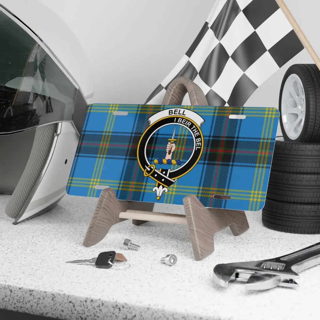 Clan Bell tartan crest novelty license plate — I Beir the Bel design, 12x6 aluminium