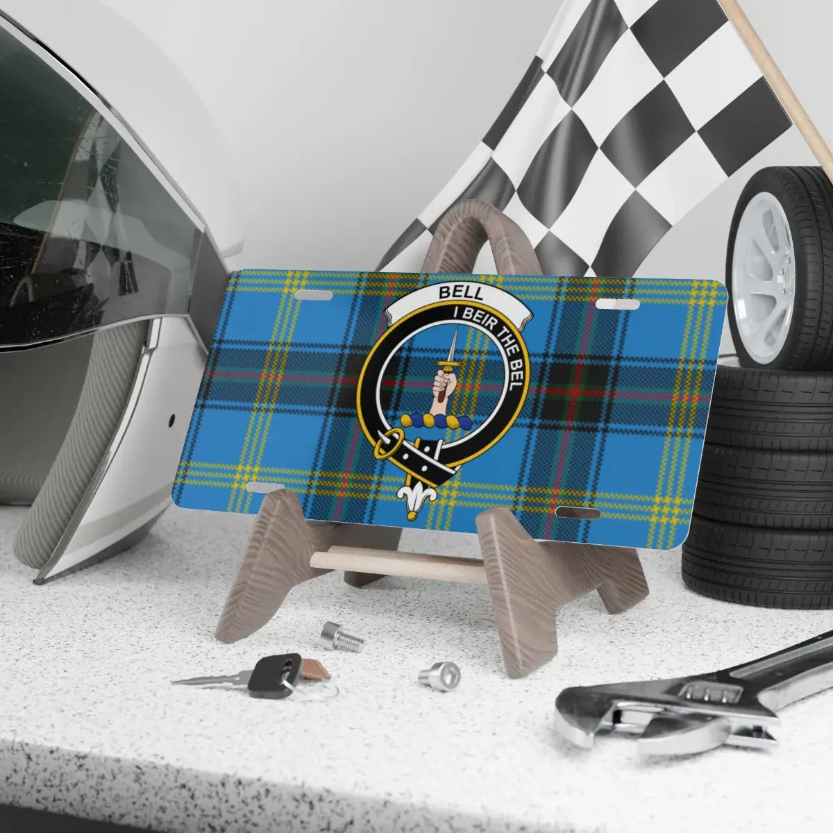Clan Bell tartan crest novelty license plate — I Beir the Bel design, 12x6 aluminium