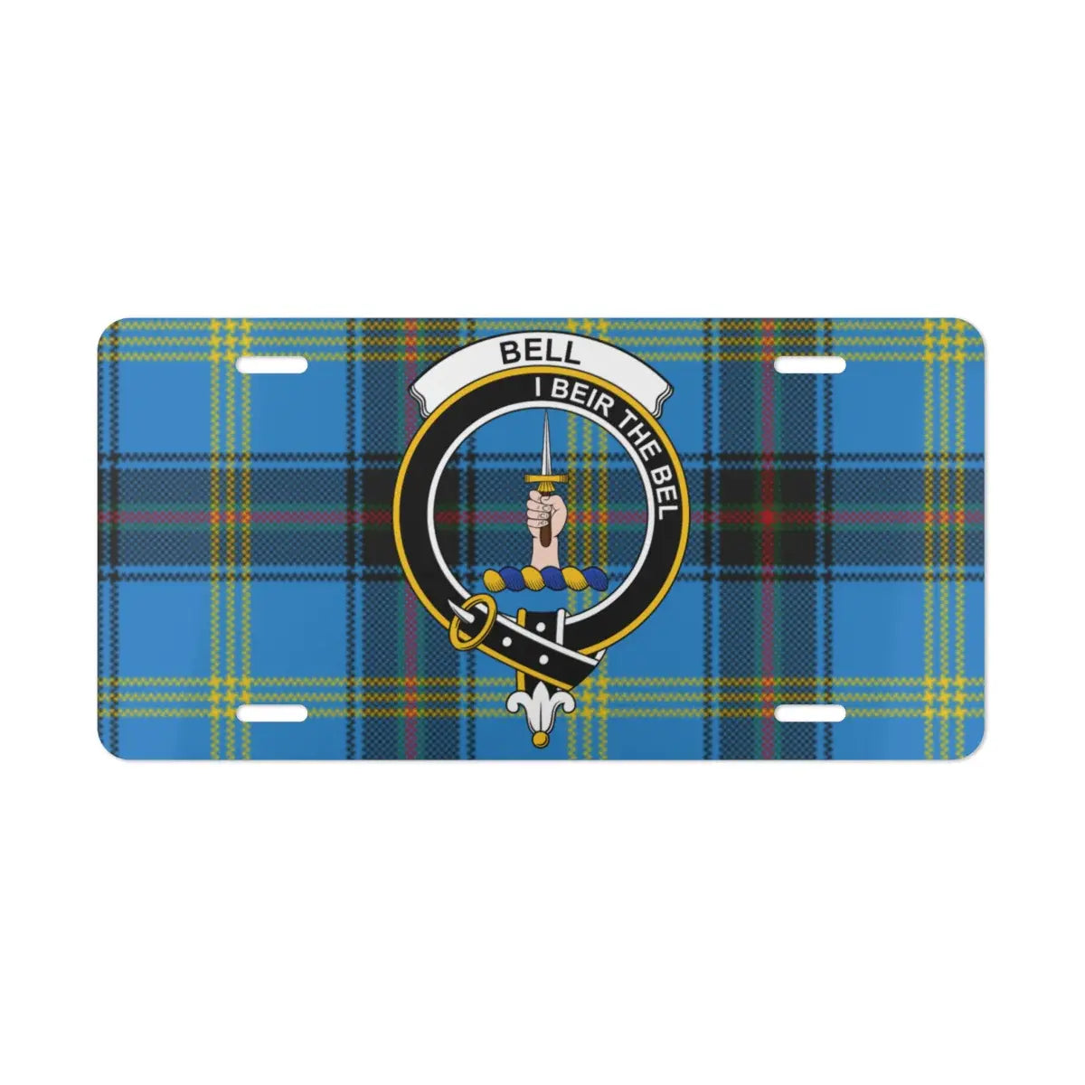 Bell I Beir the Bel tartan novelty license plate — clan crest and plaid design on 12x6 aluminium