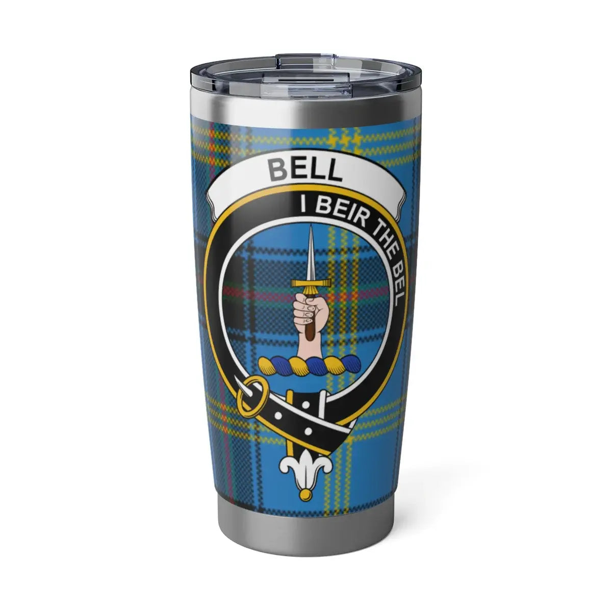 Clan Bell tartan crest 20oz stainless steel tumbler — I Beir the Bel design, silver double-wall insulated