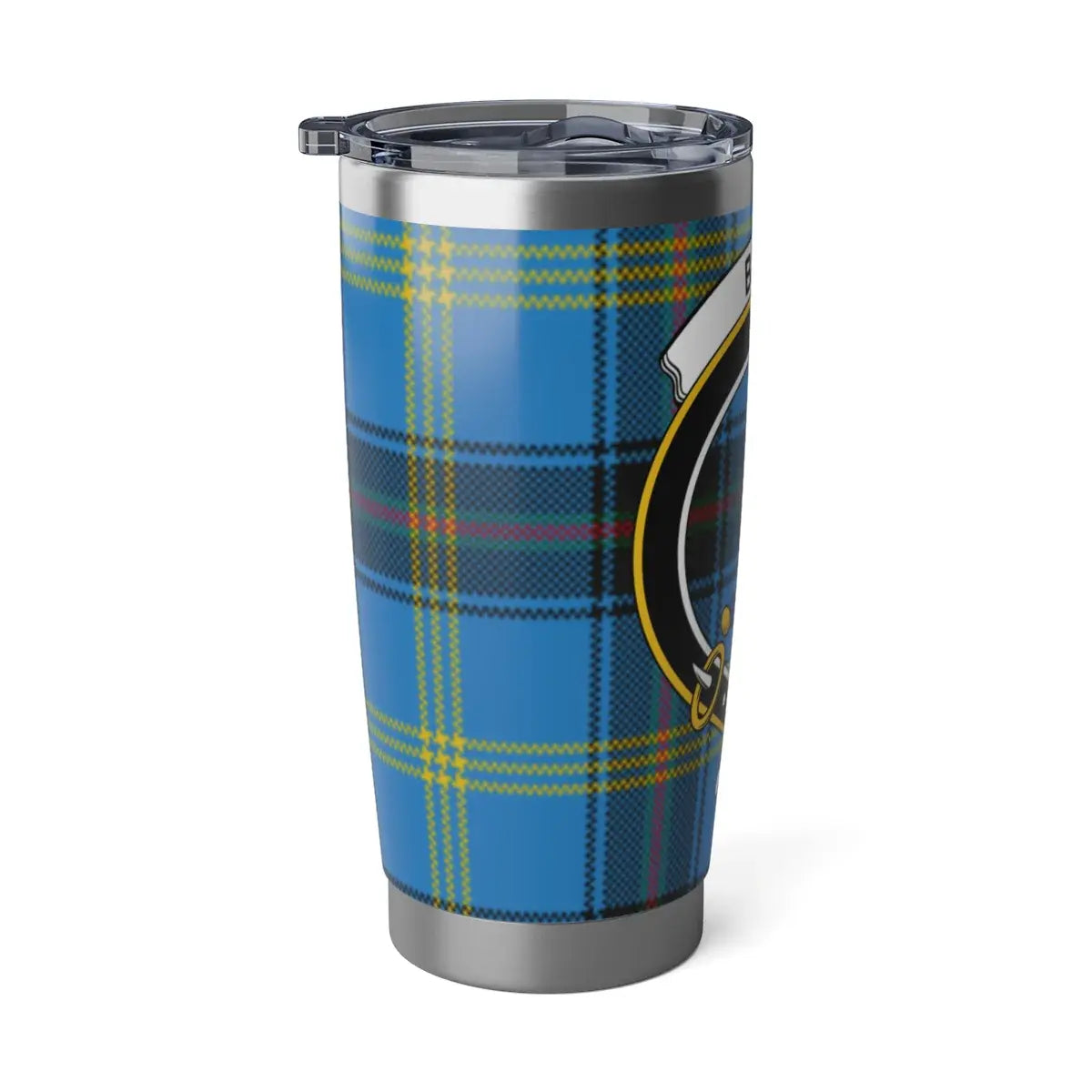 Bell tartan travel tumbler in car holder — 20oz stainless steel, clan crest design, hot and cold drinks