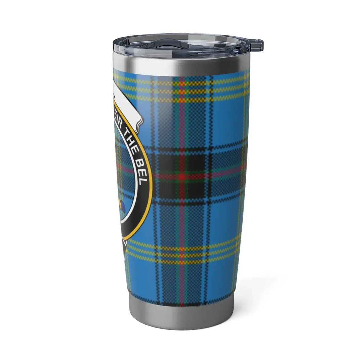 Bell tartan crest tumbler closeup — full-colour wrap print on 20oz double-wall stainless steel
