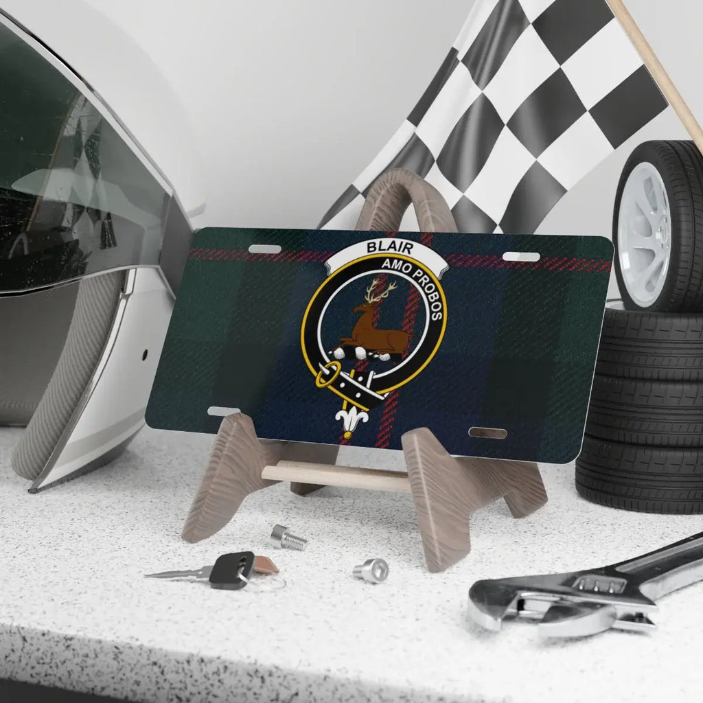 Clan Blair tartan crest novelty license plate — Amo Probos design, 12x6 aluminium