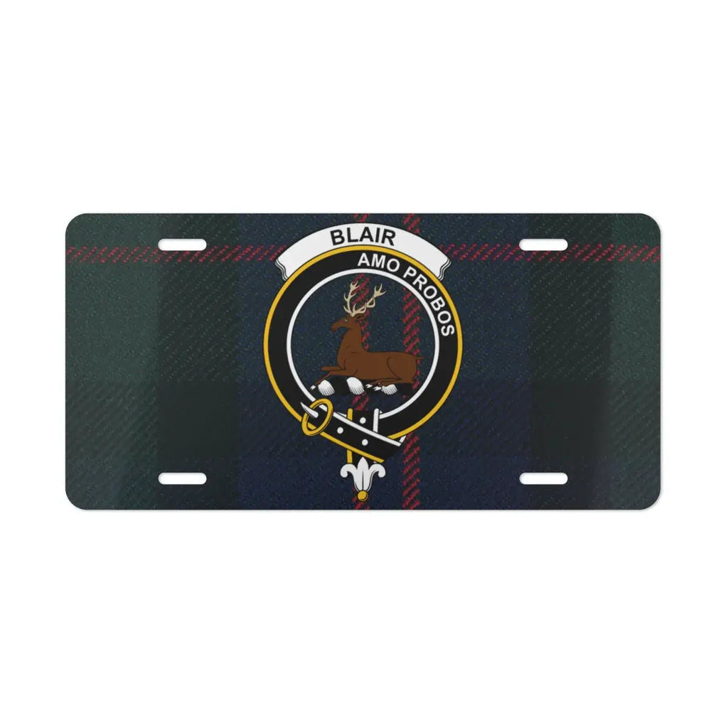 Blair Amo Probos family crest novelty license plate — clan crest and tartan on 12x6 aluminium